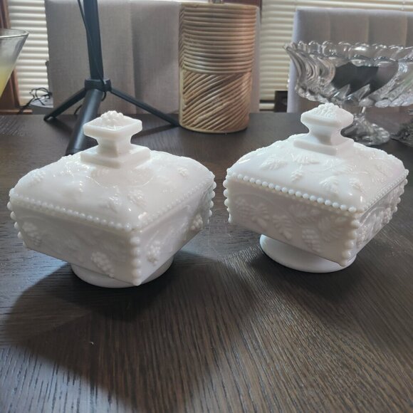 Westmorland milk glass candy dish with lid. Highly decorated & embossed. 2 avail - Picture 4 of 9